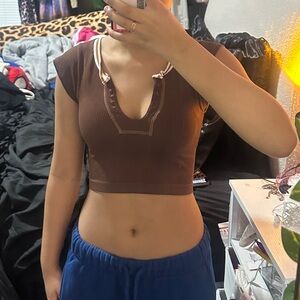 Urban Outfitters Out From Under Brown and White Ribbed Crop Top Size XS